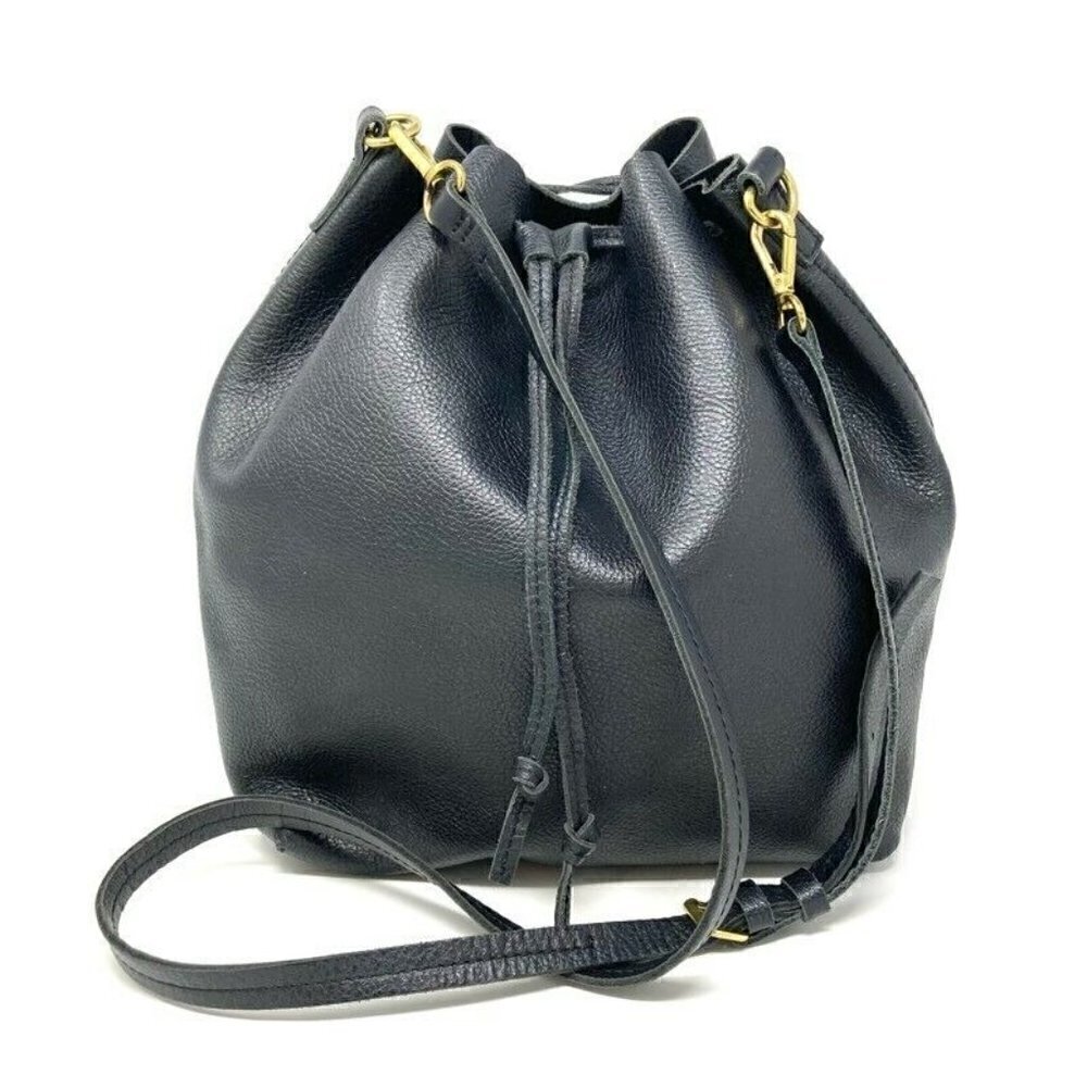 Mark and Graham Women Bucket Bag Black Leather Drawstring Detachable Strap Large